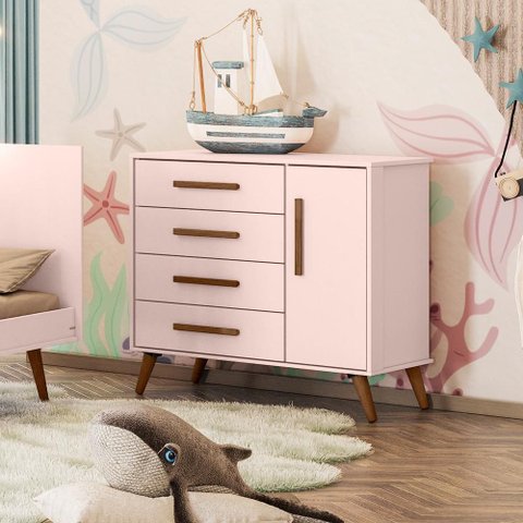 Conjunto Berço e Cômoda Sapateira Retrô 1 Porta 4 Gavetas Rosa
