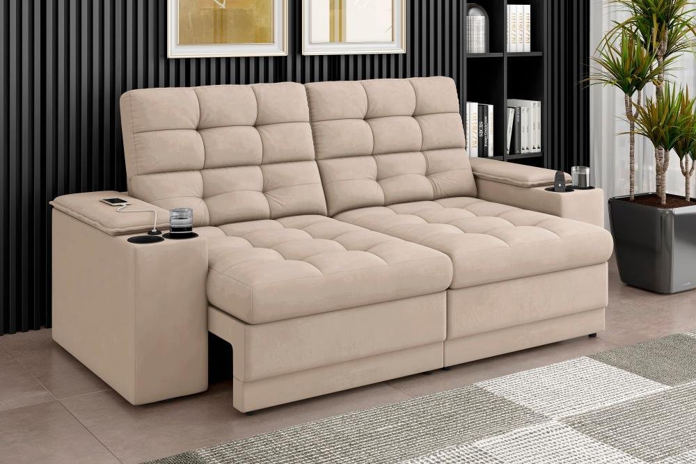 Sofá Confort Premium 1,70m Assento Retrátil/reclinável Porta Copos e Usb Suede Areia - Xflex - 1