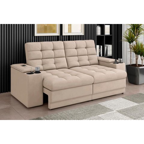 Sofá Confort Premium 1,70m Assento Retrátil e Reclinável Porta Copos e USB Suede Areia - Xflex