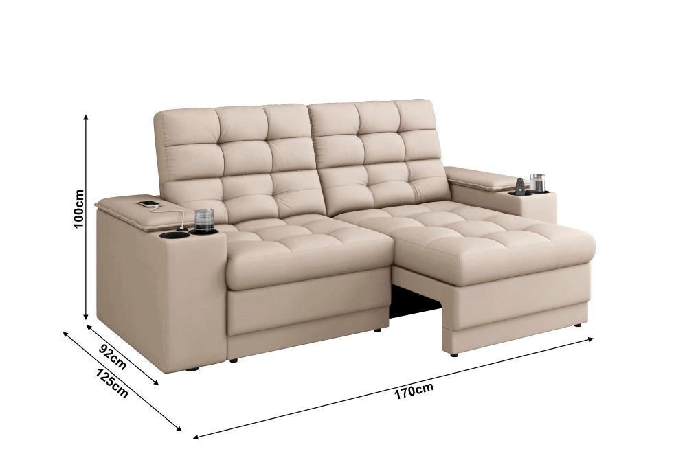 Sofá Confort Premium 1,70m Assento Retrátil/reclinável Porta Copos e Usb Suede Areia - Xflex - 2