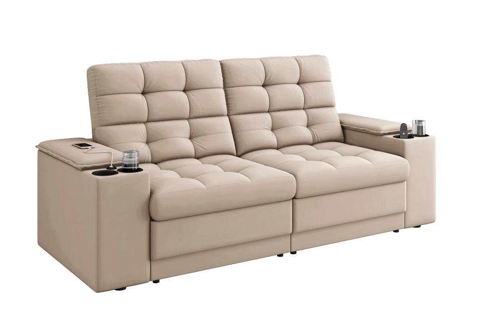 Sofá Confort Premium 1,70m Assento Retrátil/reclinável Porta Copos e Usb Suede Areia - Xflex - 4