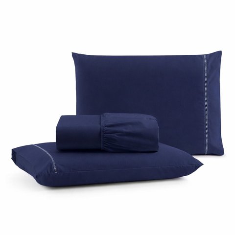 Jogo de Lençol Queen Premium Soft 600 Fios Micropercal Azul Marinho Ponto Palito Toque Macio 3 Peças