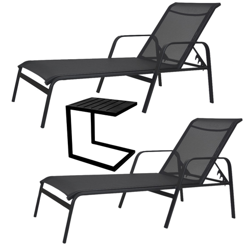 Kit 2 Espreguiçadeira Piscina em Alumínio e Tela Sling + Mesa Apoio Lateral em C