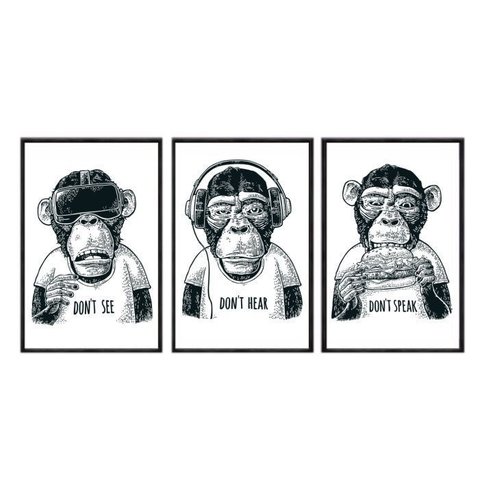 Kit 03 Quadros-don T See, Don T Hear, Don T Speak - Monkeys - Pb Anm003 - Canvas 40x60cm