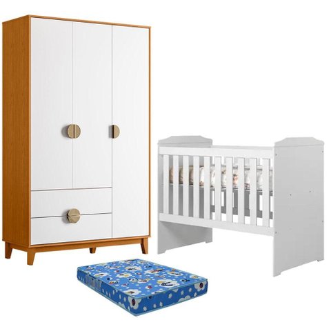 Berço Americano Carinho com Colchão Ortobom com Guarda Roupa Ipê 3 Portas Branco Cinamomo - Mó