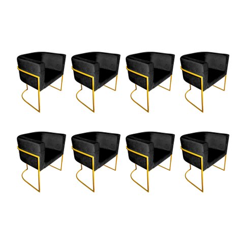 Kit 8 Poltronas Decorativa Sala de Estar Base de Ferro Dourada Veludo Preto