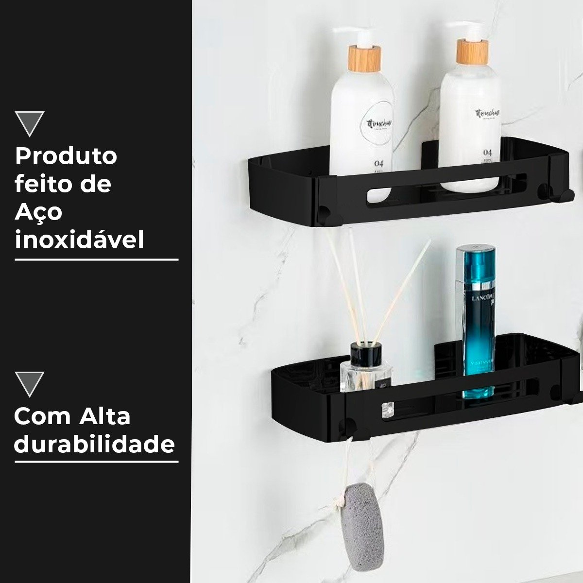 Suporte para Shampoo Sabonete Retangular Parede Banheiro Aço Inox - Preto Fosco - 9