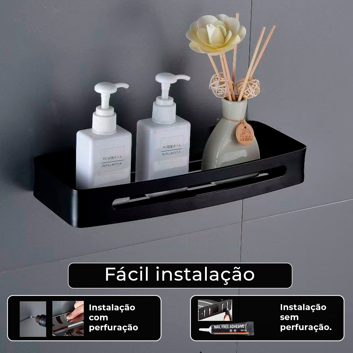 Suporte para Shampoo Sabonete Retangular Parede Banheiro Aço Inox - Preto Fosco - 11