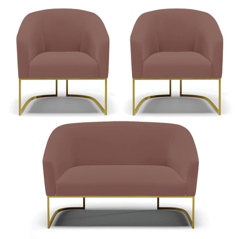 Sofá Namoradeira e 2 Poltronas Base Industrial Dourado Stella Veludo D03 - D’RossiRose