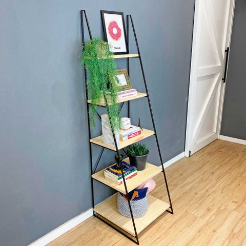 Estante Escada Torre de Ferro Industrial Slim 5 Prateleiras Natural e Preta