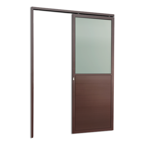Porta Correr Susp.Meia Lambril Meia Vidro Esq L.25 Marrom Corten 210x100 Brimak