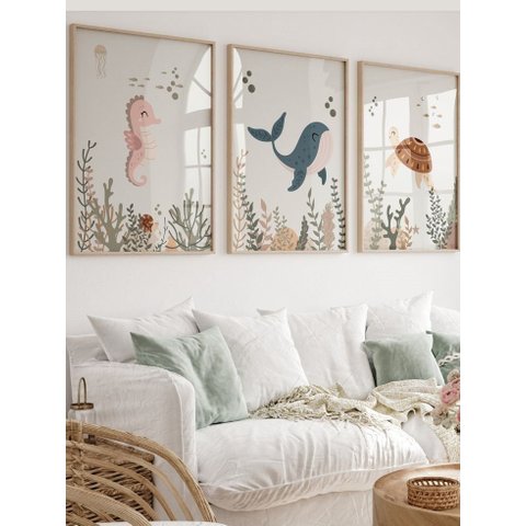 Kit 3 Quadros Infantil Animais Fundo Oceano Quarto Bebê Menino 40x60 Moldura Madeira NO2