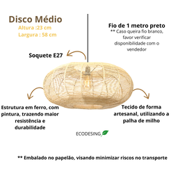 Lustre Rustico Palha Sala Quarto Grande Disco 58x23 com Fio - 2