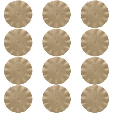 Jogo 12 Sousplats Redondos 38,5cm Plástico Dourado Babado Wolff Lugar Americano Mesa Posta