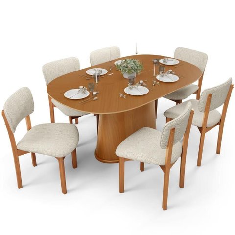 Mesa para Sala de Jantar Valência com 06 Cadeiras Sala de Jantar Dara L02 Linho Champagne - Lyam