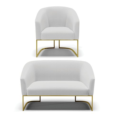 Sofá Namoradeira e Poltrona Base Industrial Dourado Stella Linho Cinza A05 D03 - D’Rossi