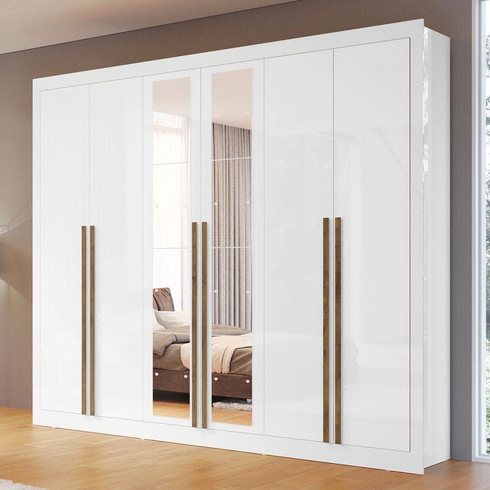 Guarda-roupa Casal Cannes 6 Portas 6 Gavetas com Espelho Branco