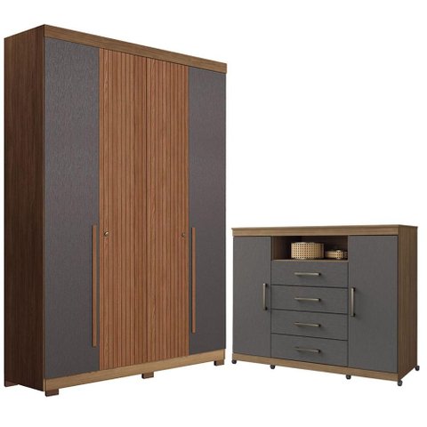 Guarda Roupa Casal Ripado 4 Portas Buriti com Pés e Cômoda Havana Master com Rodizio Jatobá Grafite 