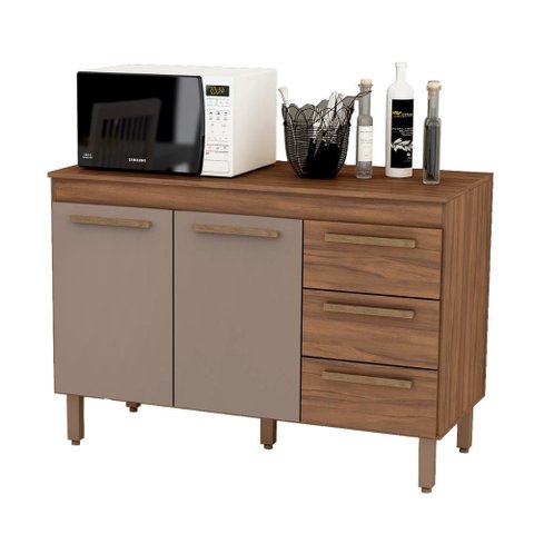 Balcão Grecia com Tampo para Cozinha 2 Portas e 3 Gavetas Freijo/moka