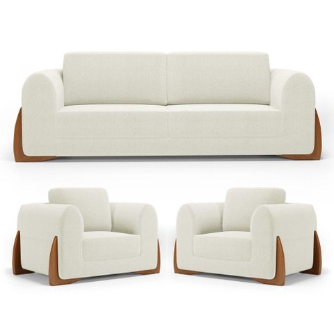 Kit 02 Poltronas e 01 Sofá Bloom 180cm 02 Lugares com Pés de Madeira Bouclê Off White - Desk