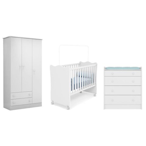 Quarto Infantil Roupeiro, Berço Cômoda Trocador Branco