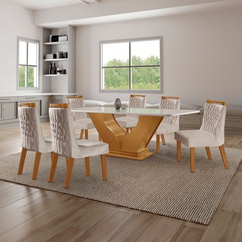 Conjunto Sala De Jantar Mesa Com Tampo De Vidro Safira 6 Cadeiras Atena