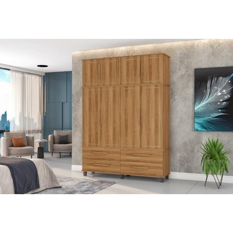 Roupeiro / Guarda Roupas Hou Triplex 4 Portas + 4 Gavetas Pés Elevados e Maleiro Amplo Cor Nature Pz