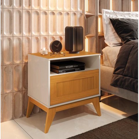 Mesa de Cabeceira Siena Tampo e Pés em Mdf com 1 Gaveta - Off White e Cedro
