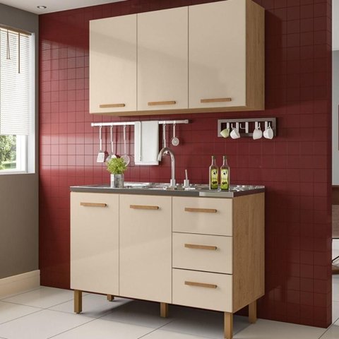Armário de Cozinha com Balcão Fortaleza 2 Portas Amêndoa Off White