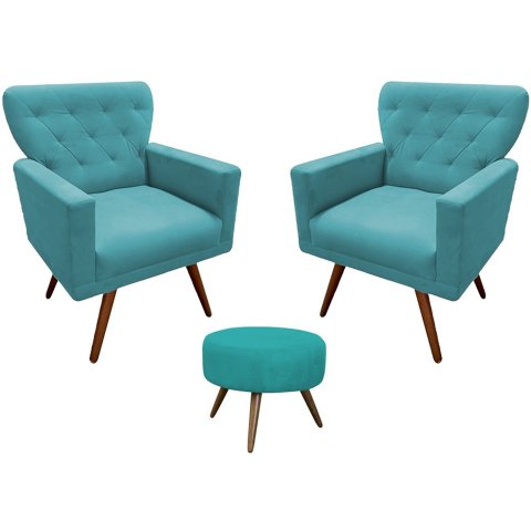 Kit 2 Poltronas Decorativa Aurora + 1 Puff Redondo Suede Azul Tifany Pés Madeira Mz Decor