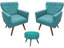 Ver imagem 1 de Kit 2 Poltronas Decorativa Aurora + 1 Puff Redondo Suede Azul Tifany Pés Madeira Mz Decor
