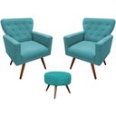 Ver imagem 1 de Kit 2 Poltronas Decorativa Aurora + 1 Puff Redondo Suede Azul Tifany Pés Madeira Mz Decor