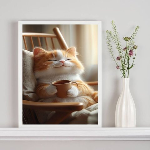 Quadro Gatinho Baby com Xícara de Chá Café 33x24cm:moldura Preta