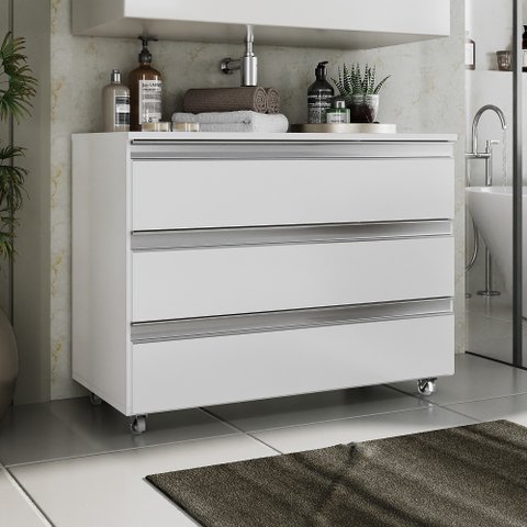 Gabinete Banheiro Joia 80cm com 3 Gavetas e Rodinha