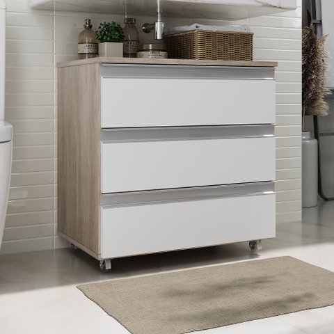 Gabinete Banheiro Joia 60cm com 3 Gavetas e Rodinha