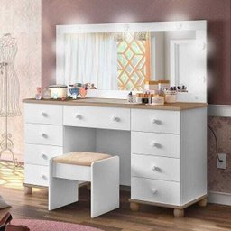 Penteadeira Camarim com Espelho e Led 9 Gavetas + Banqueta Potente Branca e Amendoa - 1