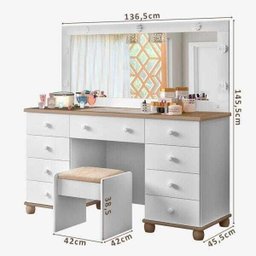 Penteadeira Camarim com Espelho e Led 9 Gavetas + Banqueta Potente Branca e Amendoa - 4