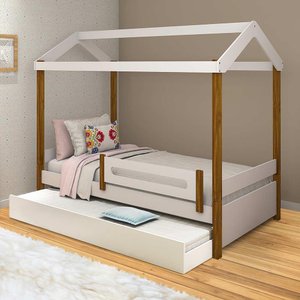 Cama de solteiro com cama auxiliar casinha Elis Divaloto Branco e Mel