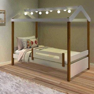 Cama Casinha Infantil com Led Montessoriana Elis Divaloto Branco e Mel