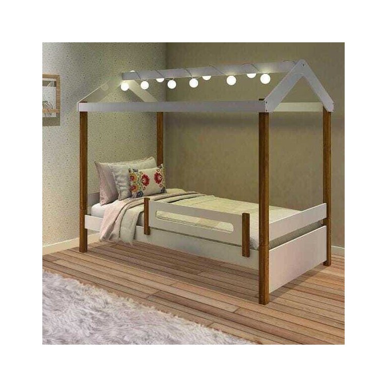 Cama Casinha Infantil com Led Montessoriana Elis Divaloto Branco e Mel