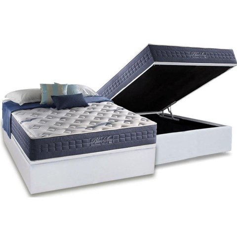 Cama Box Baú Casal: Colchão Molas Ensacadas Anjos Master Bluse Sea + Base White(138x188)