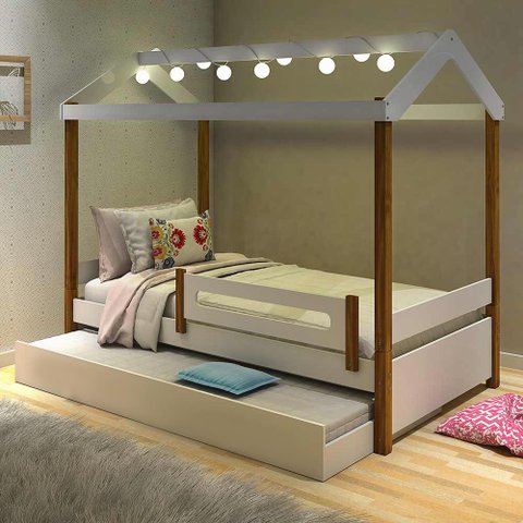 Bicama Infantil Montessoriana Led Elis Branco e Mel Marrom