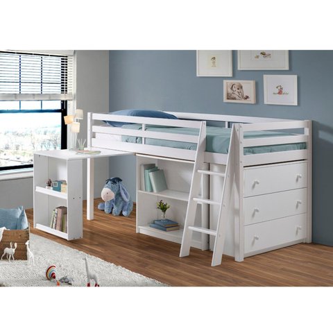 Cama Alta Infantil/Juvenil Multifuncional Roxy Iii com Cômoda e Prateleiras