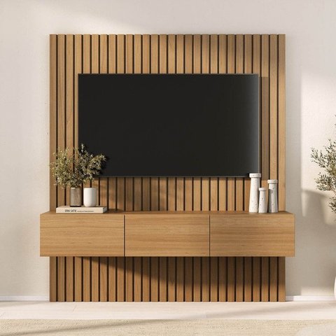 Rack com Painel Ripado TV 60 Polegadas Planejado 160x180cm Aruá CabeCasa MadeiraOriginals Marrom