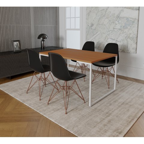 Mesa Industrial Base Ferro Branco Tampo 137x90 Canela 4 Cadeiras Eames Ferro Cobre Assento Preto