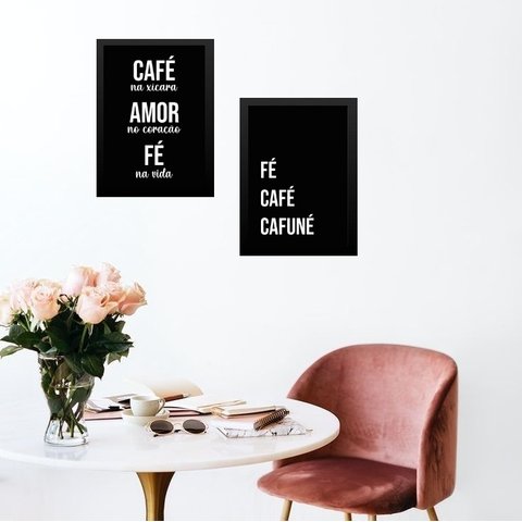 Kit 2 Quadros Cozinha Café e Fé 24x18cm - com Vidro:madeira Branca