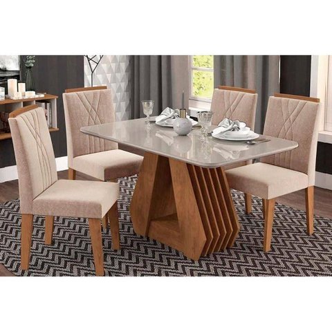 Sala de Jantar Ágata Tampo C- Vidro 130x80 Cm e 4 Cadeiras Nicole Nature-madeirado-linho Bege
