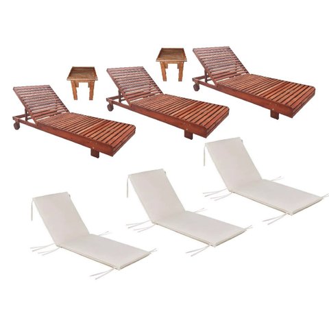 Jogo 3 Espreguiçadeira Allegra + 2 Mesinha Madeira Maciça Piscina Lazer Nogueira Proteção Uv e Colch