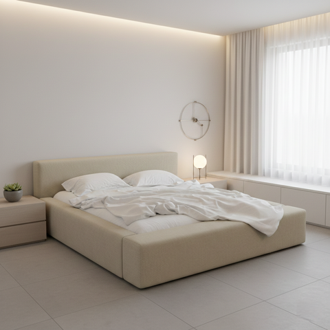 Cama Estofada Queen Siena 1.60m Moderna em Linho Base Baixa Design Minimalista Ocre