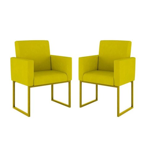 Kit 2 Poltrona Cadeira Decorativa Recepção Base Ferro Dourado Cor:amarelo